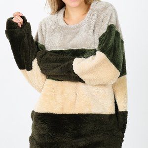 ZENANA LARGE New Faux Fur Jersey Pullover Warm Pockets Jacket Olive Colo…